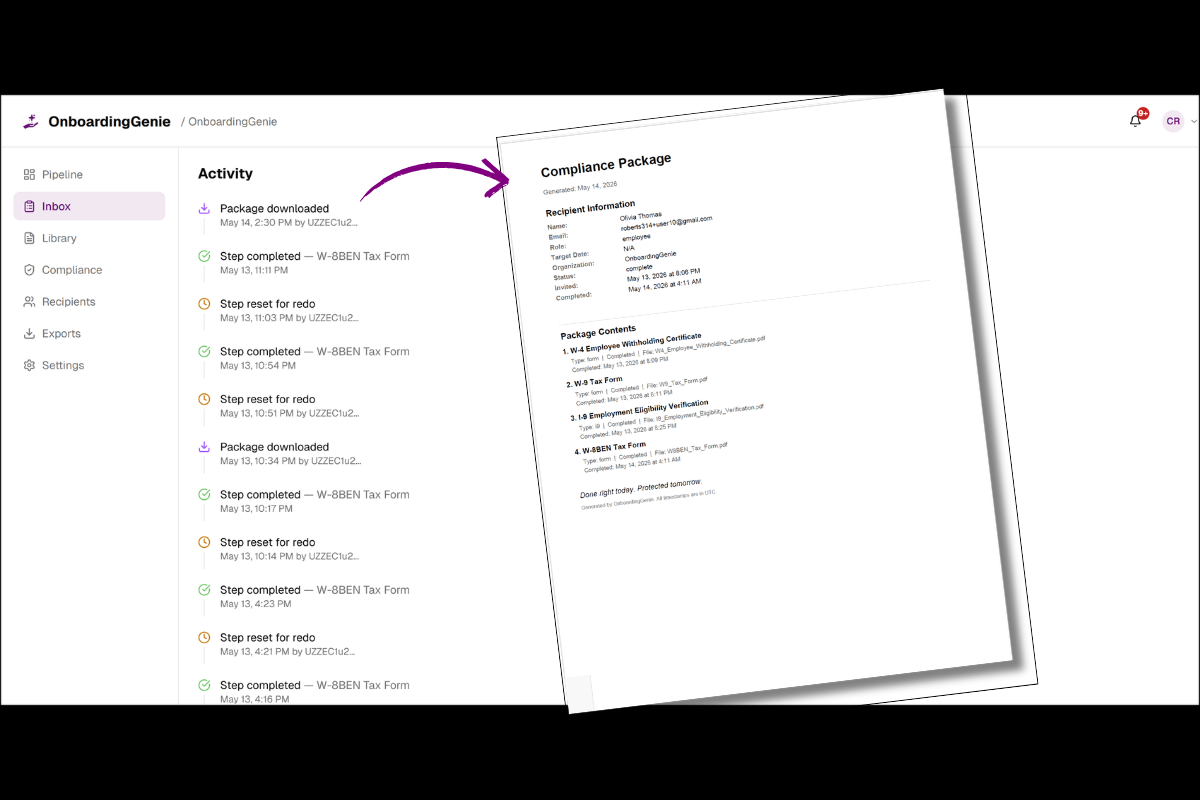 OnboardingGenie compliance export showing a complete, timestamped client onboarding record