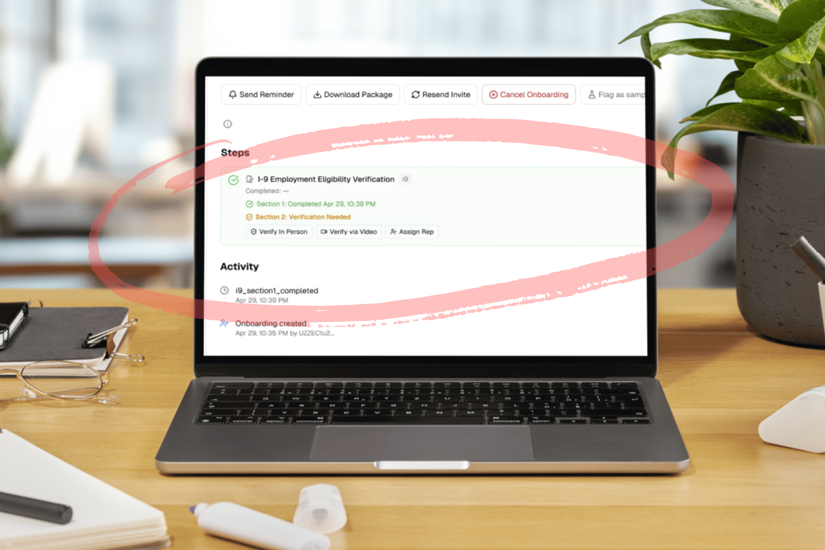 OnboardingGenie admin view showing all three Section 2 verification paths: Verify In Person, Verify via Video, and Assign Rep