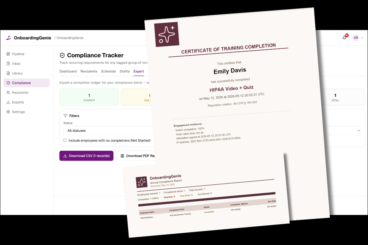 OnboardingGenie showing a completed consultant onboarding with timestamped training step records